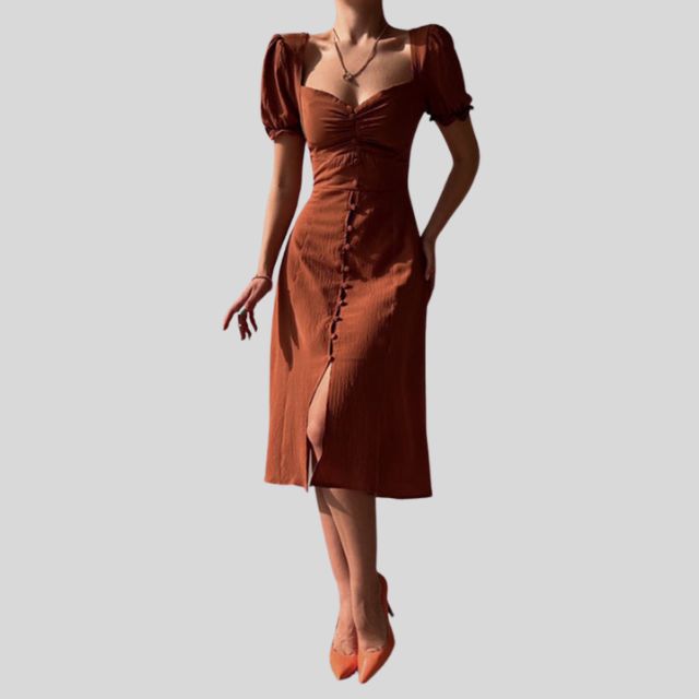 Belezza - Midi dress with puff sleeves, button placket and slit at the hem