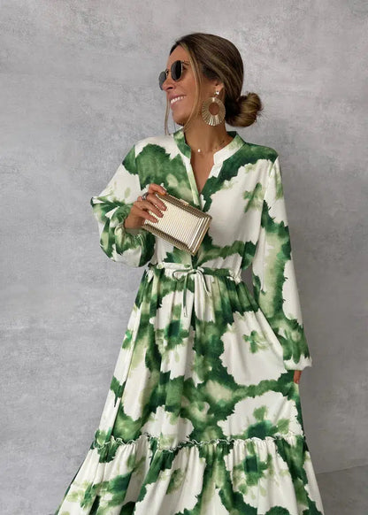 Belezza – green, long-sleeved maxic dress with v-neckline