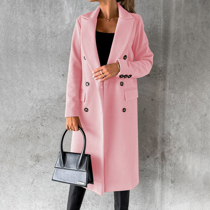 Women's Double-Breasted Long Coat | Elegant Lapel Collar Overcoat, Formal Winter Outerwear