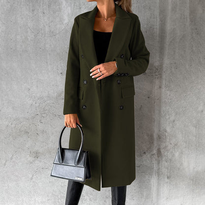 Women's Double-Breasted Long Coat | Elegant Lapel Collar Overcoat, Formal Winter Outerwear