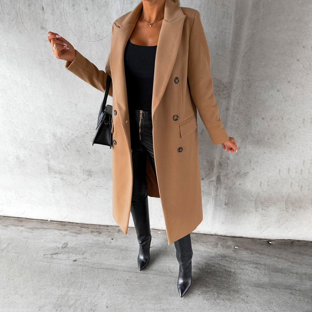 Women's Double-Breasted Long Coat | Elegant Lapel Collar Overcoat, Formal Winter Outerwear