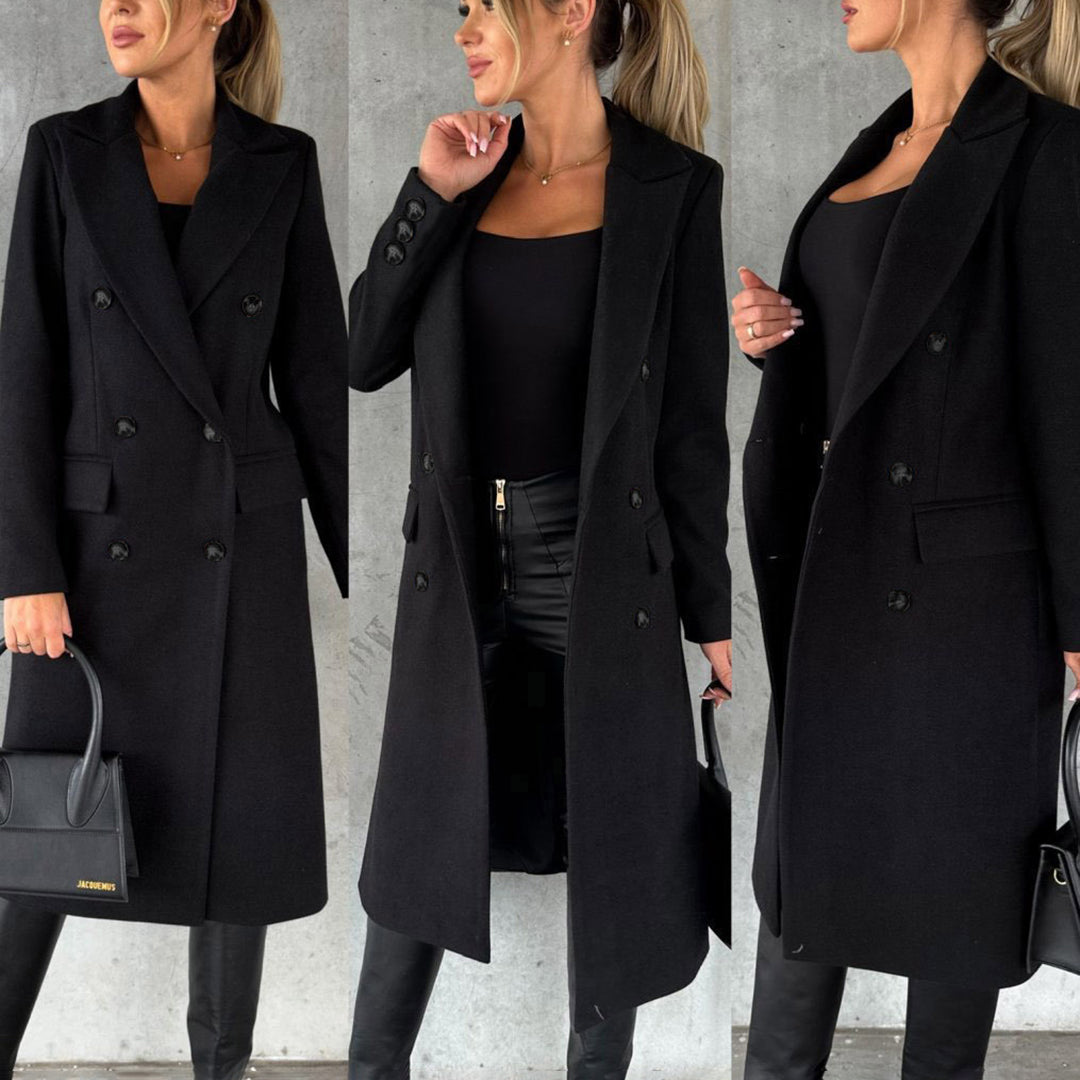 Women's Double-Breasted Long Coat | Elegant Lapel Collar Overcoat, Formal Winter Outerwear