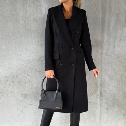 Women's Double-Breasted Long Coat | Elegant Lapel Collar Overcoat, Formal Winter Outerwear