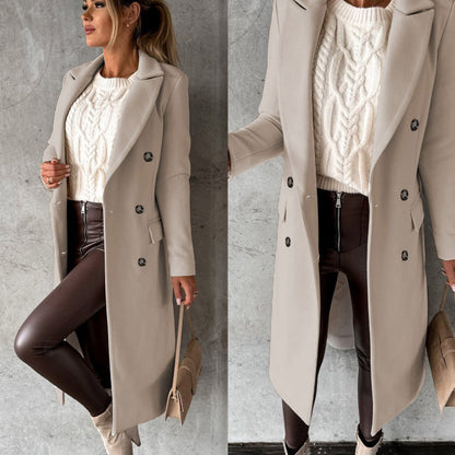 Women's Double-Breasted Long Coat | Elegant Lapel Collar Overcoat, Formal Winter Outerwear