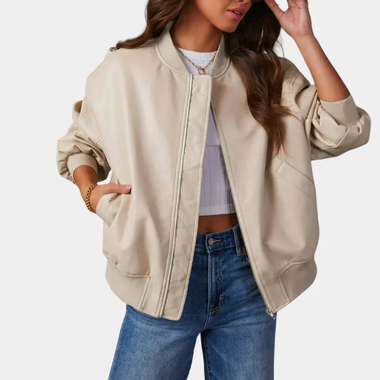 Women's Leather Jacket - Oversized - Zip-Up - Bomber Jacket - Biker Jacket