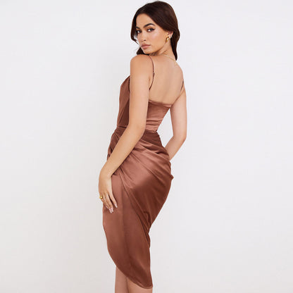 Asymmetrical Split Cowl Neck Ruched Satin Slip Midi Dress - Chocolate