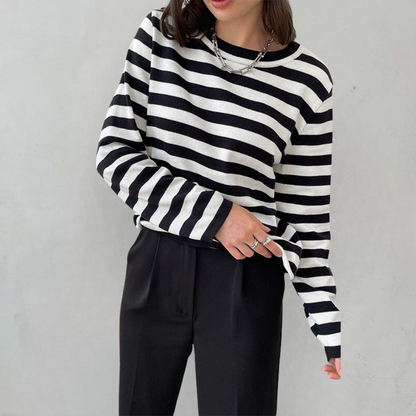 Belezza Women's Sweater | Striped Long Sleeve Loose Fit Sweater