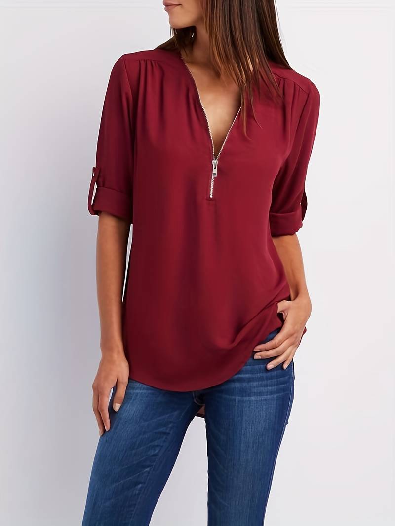 Belezza – casual, ruffled blouse with roll-up sleeves and half zip