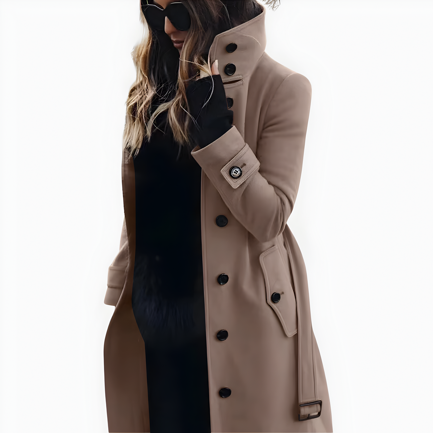 Women's High Collar Button-Up Wool Coat | Long Sleeve Belted Overcoat, Elegant Winter Outerwear