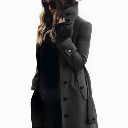 Women's High Collar Button-Up Wool Coat | Long Sleeve Belted Overcoat, Elegant Winter Outerwear