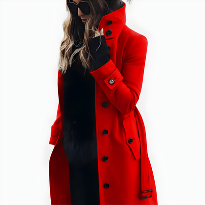 Women's High Collar Button-Up Wool Coat | Long Sleeve Belted Overcoat, Elegant Winter Outerwear