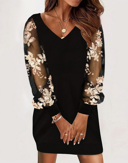 Belezza - Floral dress with three-quarter mesh sleeves