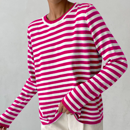 Belezza Women's Sweater | Striped Long Sleeve Loose Fit Sweater