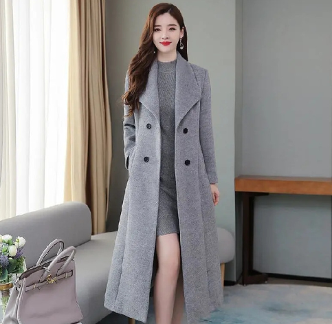 Belezza - Classic Winter Grey Long Coat with Double Row Pockets for Women