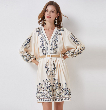 Belezza - Embroidered Dress with Belt