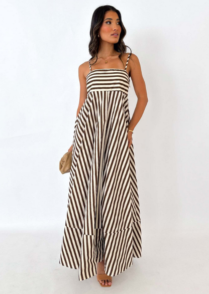 Elegant Bandeau Stripe Color Blocking Strapless Maxi Dress