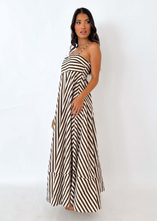 Elegant Bandeau Stripe Color Blocking Strapless Maxi Dress