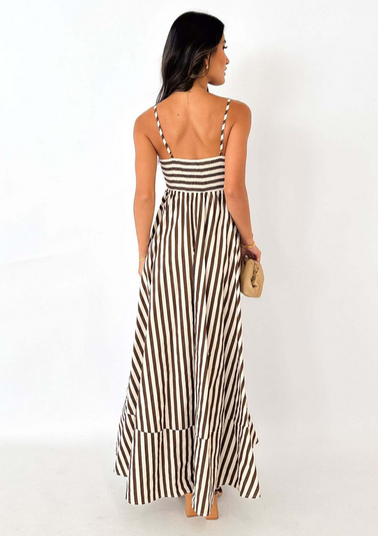 Elegant Bandeau Stripe Color Blocking Strapless Maxi Dress