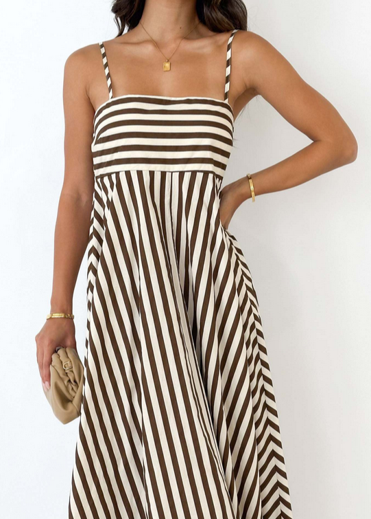 Elegant Bandeau Stripe Color Blocking Strapless Maxi Dress