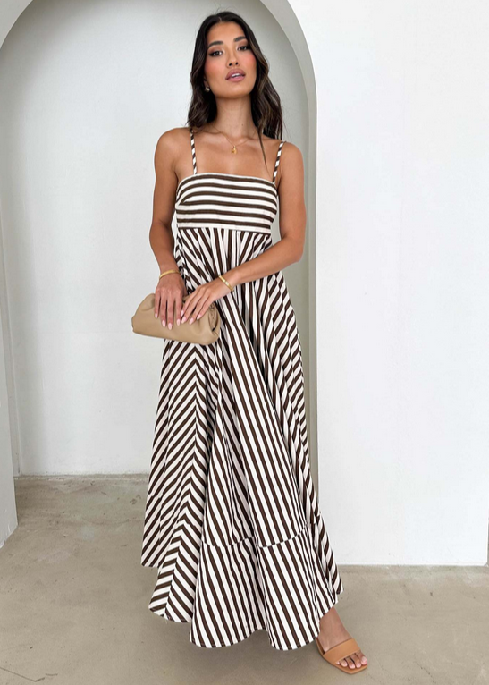 Elegant Bandeau Stripe Color Blocking Strapless Maxi Dress