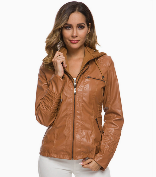 Women's Vegan Leather Jacket with Detachable Hood | Stylish Casual Zip Jacket for Autumnal Style