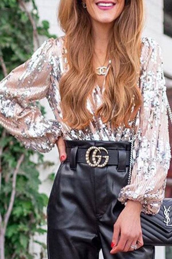 Long Sleeved Sequin V-Neck Glitter Top