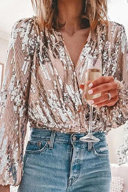 Long Sleeved Sequin V-Neck Glitter Top