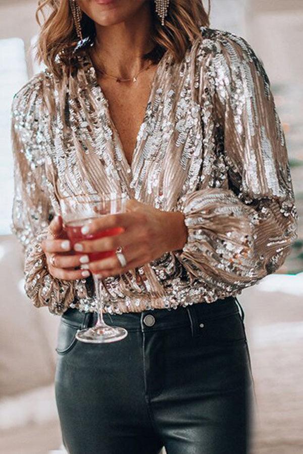 Long Sleeved Sequin V-Neck Glitter Top