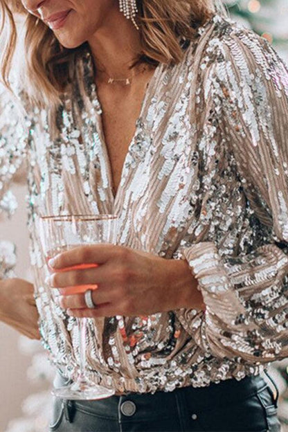 Long Sleeved Sequin V-Neck Glitter Top