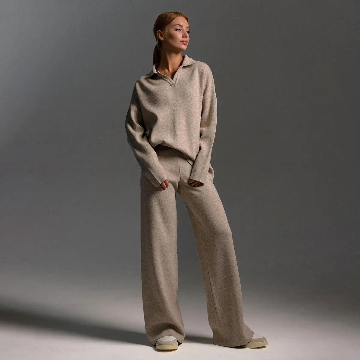 Belezza Set | Soft Polo Neck Sweater and Wide-Leg Pants – 2-Piece Set