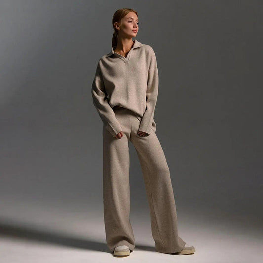 Belezza Set | Soft Polo Neck Sweater and Wide-Leg Pants – 2-Piece Set