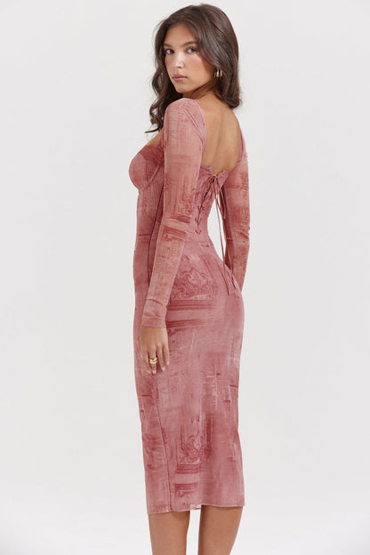 Belezza- Fitted Pink Dress With Long Sleeves