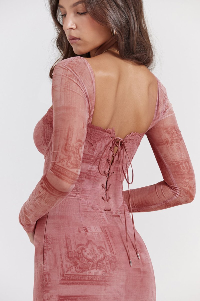 Belezza- Fitted Pink Dress With Long Sleeves