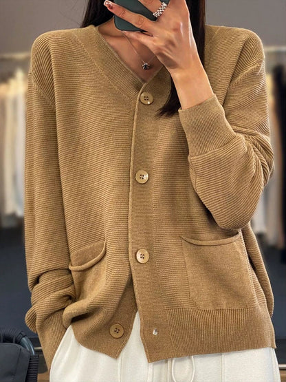 Belezza Cardigan | Pocket Solid Color V-Neck Knitted Cardigan, Simple and Versatile